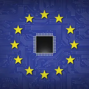 Flaga UE na tle płytki drukowanej - w środku znajduje się procesor