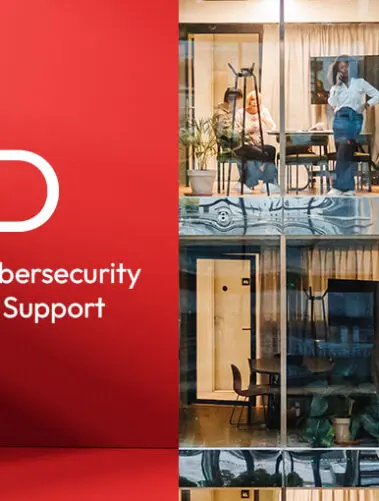 Po lewej stronie, na czerwonym tle, znajduje się logo Zyxel Networks oraz duży biały napis "RED". Poniżej widać mniejszy napis: "EN 18031 Cybersecurity Compliance Support". Prawa część grafiki przedstawia fragment nowoczesnego biurowca, z wieloma przeszklonymi pokojami, w których pracują ludzie.