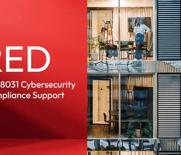 Po lewej stronie, na czerwonym tle, znajduje się logo Zyxel Networks oraz duży biały napis "RED". Poniżej widać mniejszy napis: "EN 18031 Cybersecurity Compliance Support". Prawa część grafiki przedstawia fragment nowoczesnego biurowca, z wieloma przeszklonymi pokojami, w których pracują ludzie.