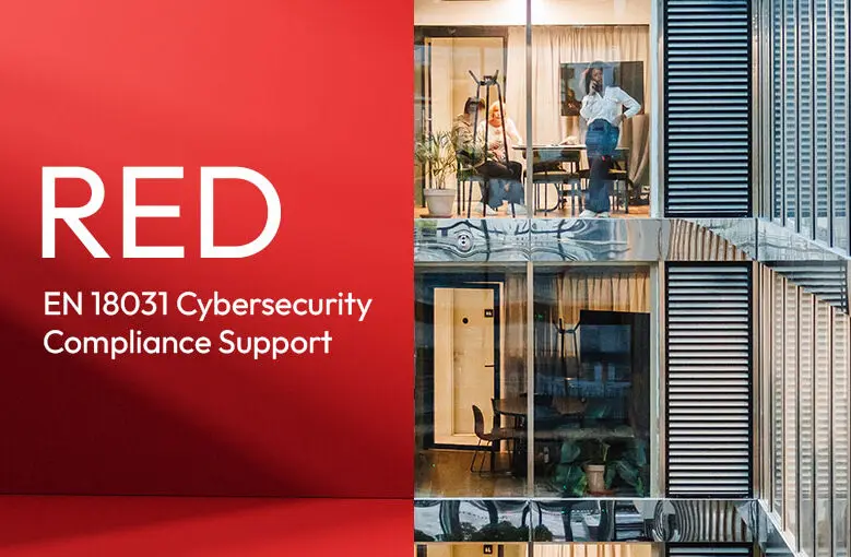 Po lewej stronie, na czerwonym tle, znajduje się logo Zyxel Networks oraz duży biały napis "RED". Poniżej widać mniejszy napis: "EN 18031 Cybersecurity Compliance Support". Prawa część grafiki przedstawia fragment nowoczesnego biurowca, z wieloma przeszklonymi pokojami, w których pracują ludzie.