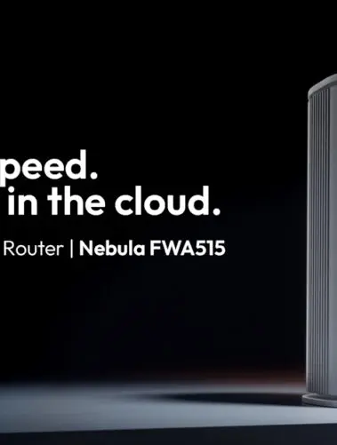 Napis w języku angielskim: Zbudowany dla prędkości, zarządzany w chmurze. Obok na czarnym tle rzucający cień router Nebula FWA515