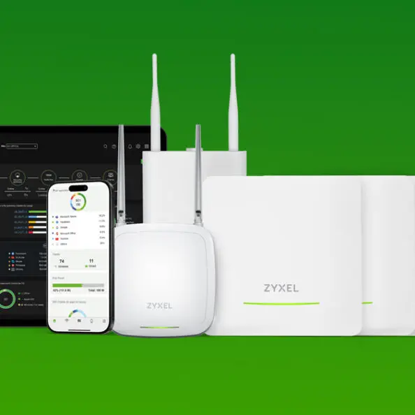 Nowe urządzenia WiFi 7 Zyxel na zielonym tle, po lewej smartfon z aplikacją Nebula i pulpit z Nebulą