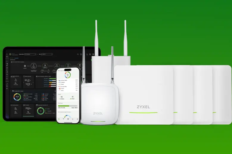 Nowe urządzenia WiFi 7 Zyxel na zielonym tle, po lewej smartfon z aplikacją Nebula i pulpit z Nebulą