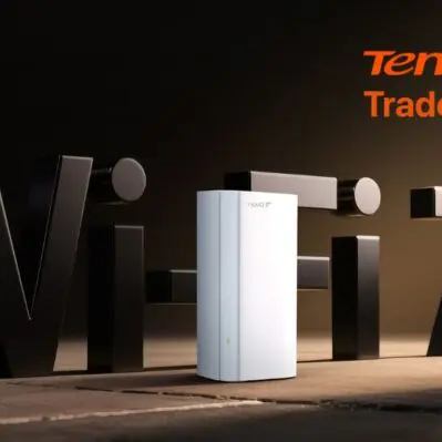 Pojedynczy węzeł systemu Mesh Wi-Fi 7 Tenda EE3 Pro na tle napisu 3D "Wi-Fi 7", w prawym górnym rogu logo Tenda i napis "Trade-In"