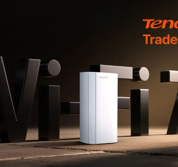 Pojedynczy węzeł systemu Mesh Wi-Fi 7 Tenda EE3 Pro na tle napisu 3D "Wi-Fi 7", w prawym górnym rogu logo Tenda i napis "Trade-In"