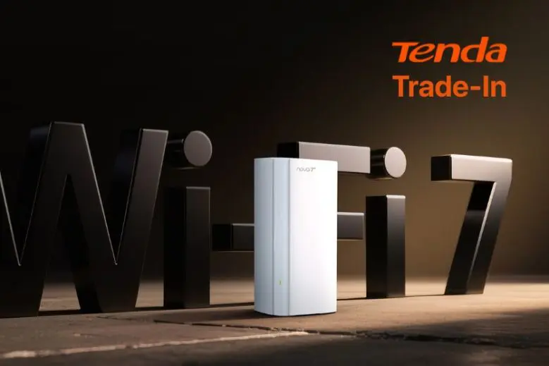 Pojedynczy węzeł systemu Mesh Wi-Fi 7 Tenda EE3 Pro na tle napisu 3D "Wi-Fi 7", w prawym górnym rogu logo Tenda i napis "Trade-In"