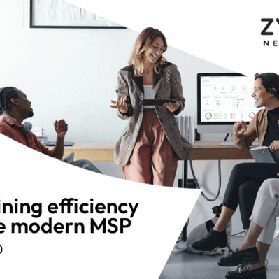 Grafika promocyjna firmy Zyxel Networks przedstawiająca czworo uśmiechniętych profesjonalistów współpracujących w jasnym, nowoczesnym biurze. Po lewej stronie znajduje się duży napis: „Redefining efficiency for the modern MSP” wraz z oznaczeniem wersji „v19.30”. Na ekranach komputerów w tle widoczne są interfejsy paneli zarządzania siecią Nebula.