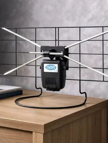 Antena Montis MT201 w pokoju, na komodzie koło TV