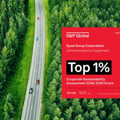 Zyxel Group w ścisłej światowej czołówce rankingu S&P Sustainability Yearbook 2026 18 Grafika informacyjna Zyxel Networks przedstawiająca widok z lotu ptaka na krętą drogę prowadzącą przez gęsty, zielony las. Po prawej stronie znajduje się czerwony baner z logiem S&P Global oraz informacją o wyróżnieniu Zyxel Group Corporation w kategorii „Top 1%” w badaniu Corporate Sustainability Assessment (CSA) 2025. Podano wynik 78/100 punktów z datą 11 lutego 2026 r.
