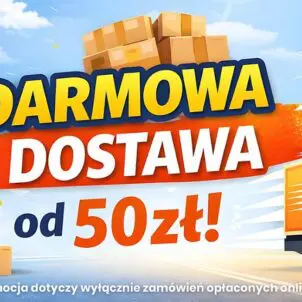 Po prawej stronie ciężarówka kurierska, nad nią dron z paczką. Po lewej stos paczek. Na środku napis "Darmowa dostawa od 50 zł!", nad nim stos paczek. Na dole napis: "Promocja dotyczy wyłącznie zamówień opłaconych online. Promojcja trwa do 31.03.2026 r.".