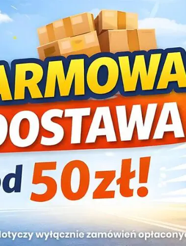 Po prawej stronie ciężarówka kurierska, nad nią dron z paczką. Po lewej stos paczek. Na środku napis "Darmowa dostawa od 50 zł!", nad nim stos paczek. Na dole napis: "Promocja dotyczy wyłącznie zamówień opłaconych online. Promojcja trwa do 31.03.2026 r.".