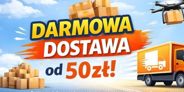 Po prawej stronie ciężarówka kurierska, nad nią dron z paczką. Po lewej stos paczek. Na środku napis "Darmowa dostawa od 50 zł!", nad nim stos paczek. Na dole napis: "Promocja dotyczy wyłącznie zamówień opłaconych online. Promojcja trwa do 31.03.2026 r.".