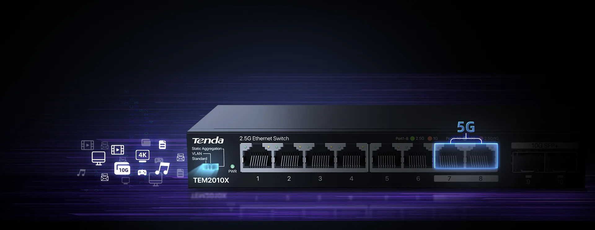 Switch Tenda TEM2010X, przykład użycia trybu agregacji statycznej i połączenia portów 7 i 8 w jeden superport