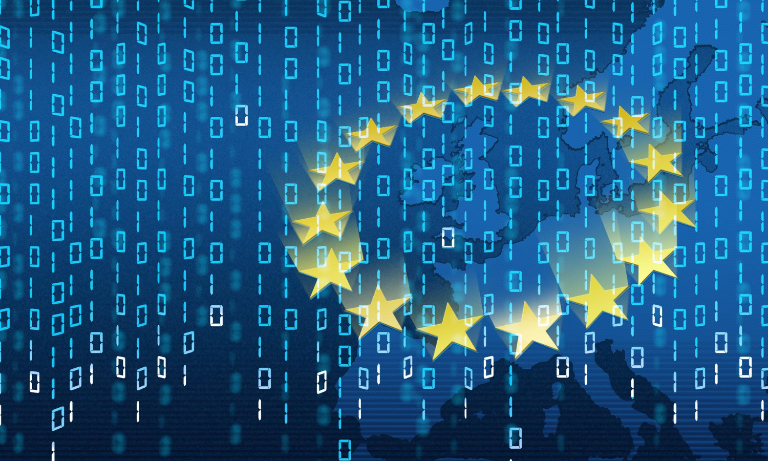 Flaga Unii Europejskiej na niebieskim tle z kodem dwójkowym