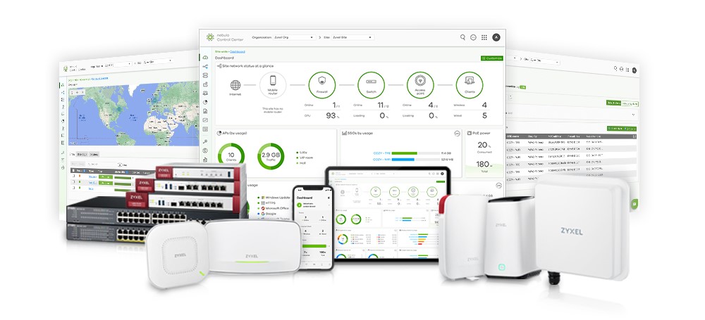 Urządzenia i oprogramowanie Zyxel do zarządzania siecią biznesową, w tym routery, przełączniki, punkty dostępowe Wi-Fi oraz panel kontrolny Nebula Control Center