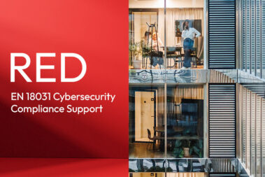 Po lewej stronie, na czerwonym tle, znajduje się logo Zyxel Networks oraz duży biały napis "RED". Poniżej widać mniejszy napis: "EN 18031 Cybersecurity Compliance Support". Prawa część grafiki przedstawia fragment nowoczesnego biurowca, z wieloma przeszklonymi pokojami, w których pracują ludzie.