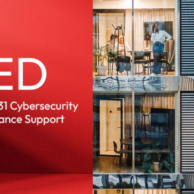 Po lewej stronie, na czerwonym tle, znajduje się logo Zyxel Networks oraz duży biały napis "RED". Poniżej widać mniejszy napis: "EN 18031 Cybersecurity Compliance Support". Prawa część grafiki przedstawia fragment nowoczesnego biurowca, z wieloma przeszklonymi pokojami, w których pracują ludzie.