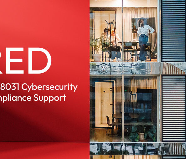 Po lewej stronie, na czerwonym tle, znajduje się logo Zyxel Networks oraz duży biały napis "RED". Poniżej widać mniejszy napis: "EN 18031 Cybersecurity Compliance Support". Prawa część grafiki przedstawia fragment nowoczesnego biurowca, z wieloma przeszklonymi pokojami, w których pracują ludzie.
