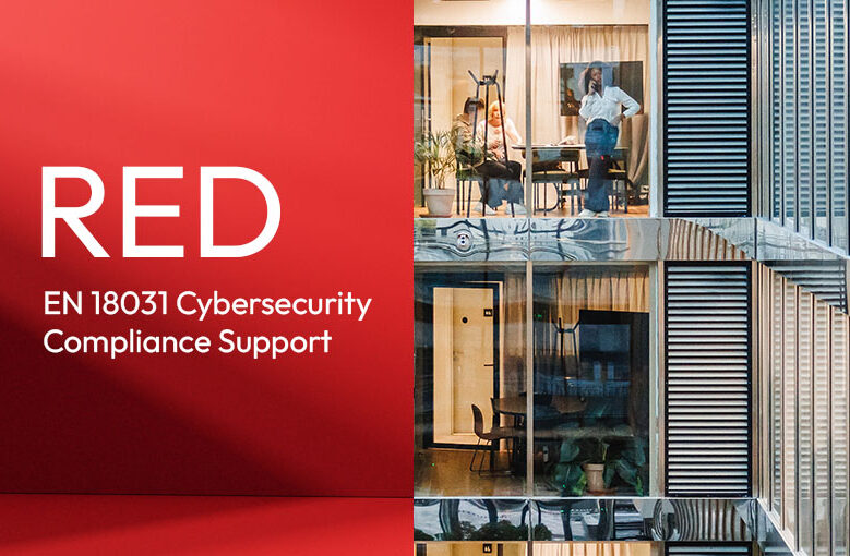 Po lewej stronie, na czerwonym tle, znajduje się logo Zyxel Networks oraz duży biały napis "RED". Poniżej widać mniejszy napis: "EN 18031 Cybersecurity Compliance Support". Prawa część grafiki przedstawia fragment nowoczesnego biurowca, z wieloma przeszklonymi pokojami, w których pracują ludzie.