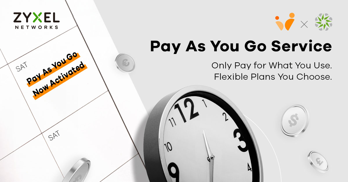 Płacisz tylko za to, czego używasz. Obraz przedstawia kalendarz, na którym widnieje napis „Pay As You Go Now Activated” (Płać, jak używasz, teraz aktywowane). Z boku widoczny jest zegar i latające monety z różnymi symbolami walut: euro, dolara i funta.
