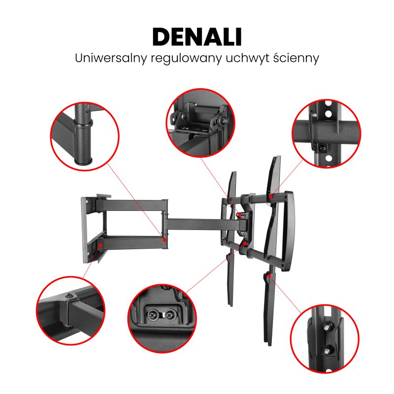 Montis MT162 Denali uchwyt TV zbliżenie na detale, napis DENALI - uniwersalny regulowany uchwyt ścienny