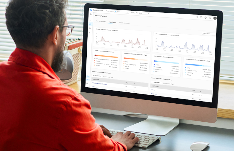 Zyxel Networks prezentuje bezhasłowe logowanie i zabezpieczenia oparte na AI 16 Mężczyzna przy ekranie komputera, na którym wyświetla się usługa Zyxel SecuReporter