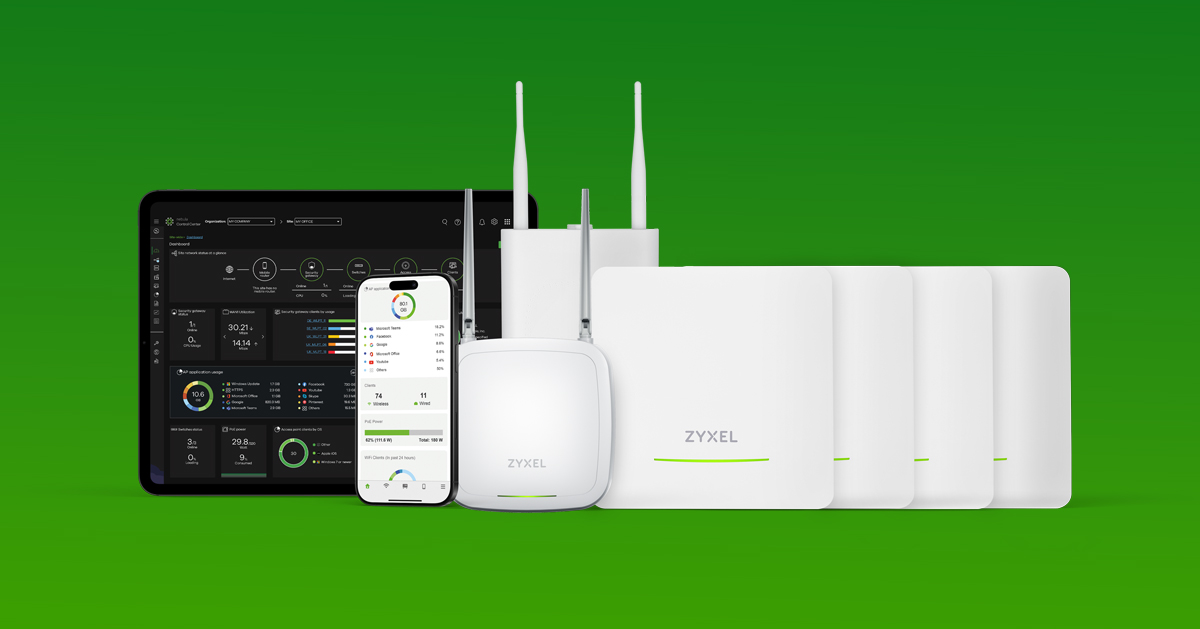 Nowe urządzenia WiFi 7 Zyxel na zielonym tle, po lewej smartfon z aplikacją Nebula i pulpit z Nebulą