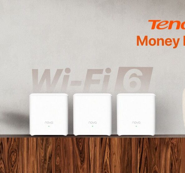 Tenda Polska przedłużyła swoją promocję cashbackową na kolejny rok 28 Trzy węzły Tenda EX3 na komodzie, nad nimi logo Wi-Fi 6. W prawym górnym rogu logo Tenda i napis MoneY Back