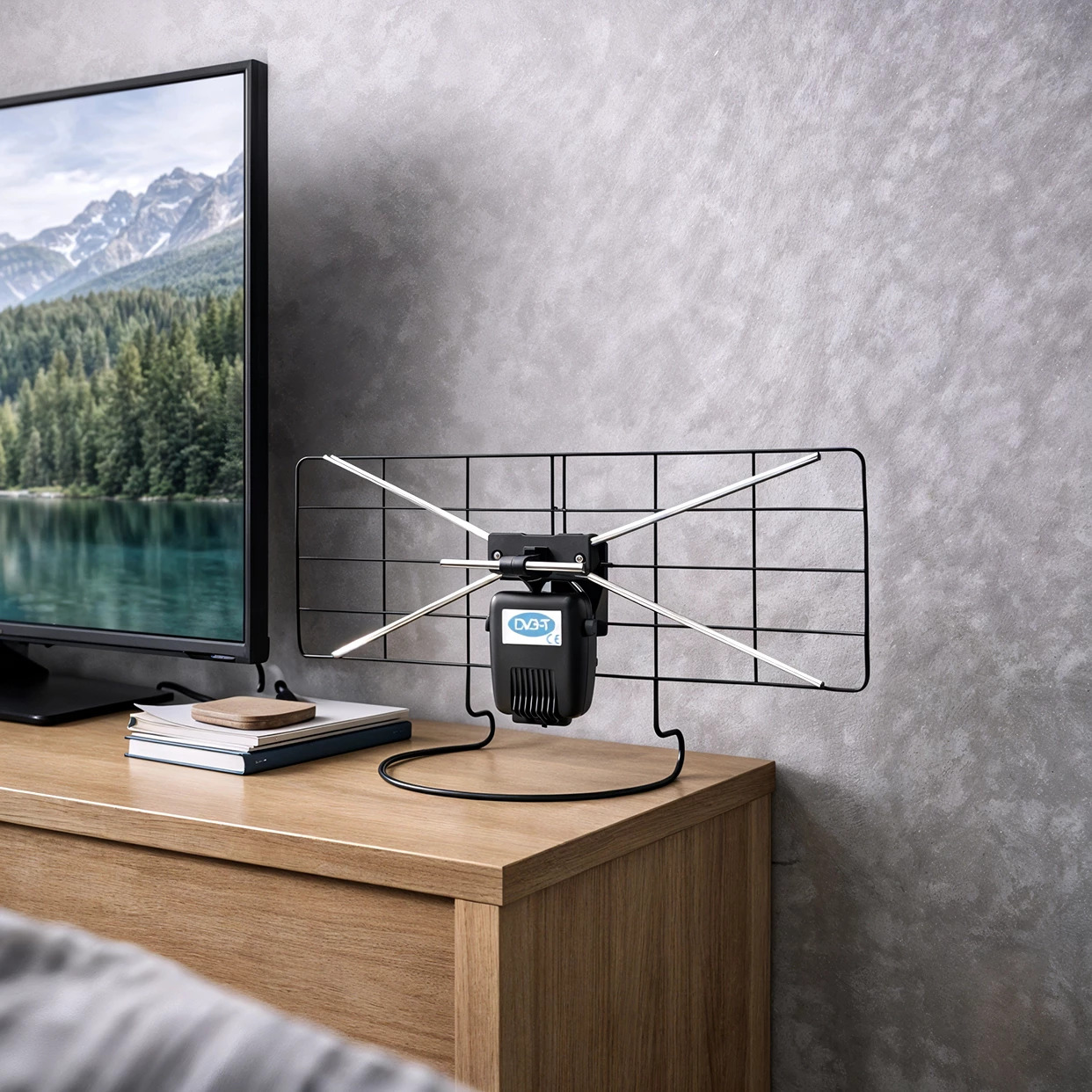 Antena pokojowa Montis MT201 w pokoju, na komodzie, koło telewizora