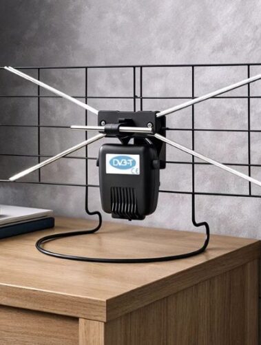 Propozycja Montis dla wygodnego odbioru TV naziemnej 21 Antena Montis MT201 w pokoju, na komodzie koło TV