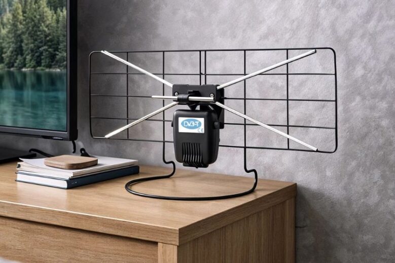 Propozycja Montis dla wygodnego odbioru TV naziemnej 18 Antena Montis MT201 w pokoju, na komodzie koło TV