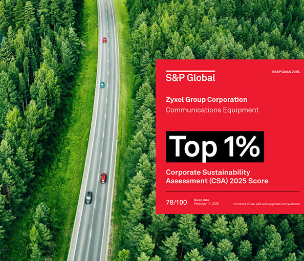Zyxel Group w ścisłej światowej czołówce rankingu S&P Sustainability Yearbook 2026 29 Grafika informacyjna Zyxel Networks przedstawiająca widok z lotu ptaka na krętą drogę prowadzącą przez gęsty, zielony las. Po prawej stronie znajduje się czerwony baner z logiem S&P Global oraz informacją o wyróżnieniu Zyxel Group Corporation w kategorii „Top 1%” w badaniu Corporate Sustainability Assessment (CSA) 2025. Podano wynik 78/100 punktów z datą 11 lutego 2026 r.