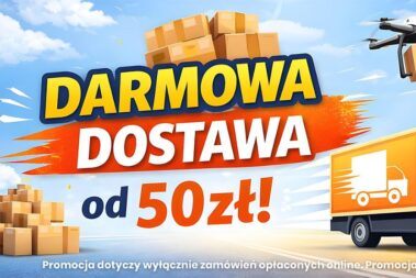 Lider-Hurt ogłasza marcowe promocje 19 Po prawej stronie ciężarówka kurierska, nad nią dron z paczką. Po lewej stos paczek. Na środku napis "Darmowa dostawa od 50 zł!", nad nim stos paczek. Na dole napis: "Promocja dotyczy wyłącznie zamówień opłaconych online. Promojcja trwa do 31.03.2026 r.".