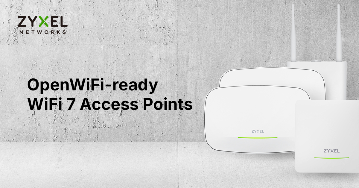 zyxel networks punkty dostepowe wifi7 openwifi Szara ściana, po lewej w górnym rogu logo Zyxel Networks, poniżej napis po angielsku: "Punkty dostępowe WiFi 7 kompatybilne z OpenWiFi; po prawej 4 punkty dostępowe Zyxel Networks