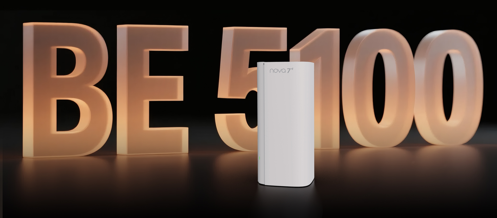 Węzeł Tenda ME6 Pro na tle napisu 3D "BE5100"