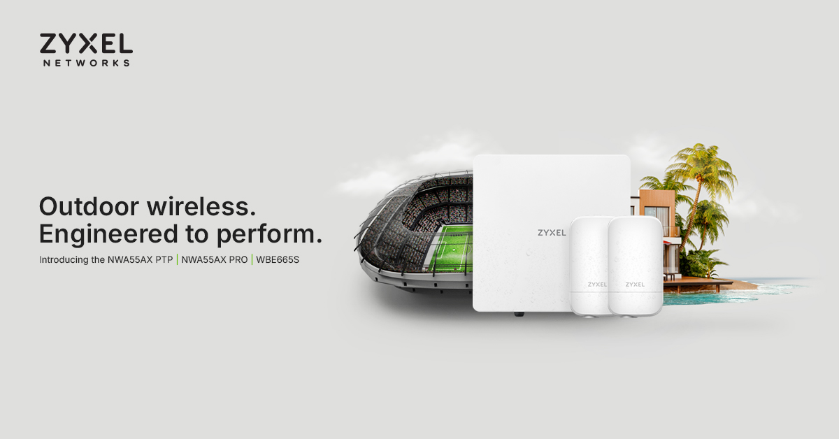 Zyxel Networks - trzy punkty dostępowe na tle stadionu i kurortu z palmą - po lewej napis "Outdoor wireless. Engineered to perform" oraz "Introducing the NWA55AX PTP || NWA55AX PRO | WBE665S"