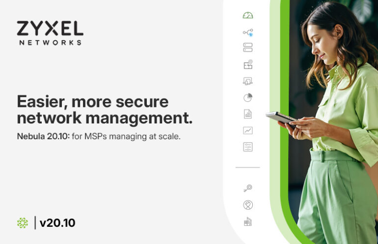 Grafika promocyjna Zyxel Networks dotycząca aktualizacji systemu Nebula w wersji 20.10. Po lewej stronie umieszczono logo Zyxel Networks, pogrubione hasło „Easier, more secure network management.” oraz dopisek „Nebula 20.10: for MSPs managing at scale.”. Na środku widnieje pionowy pasek z ikonami funkcji platformy, a po prawej stronie kobieta w jasnozielonym stroju uśmiecha się, korzystając z tabletu. W lewym dolnym rogu znajduje się zielona ikona z oznaczeniem wersji „v20.10”.